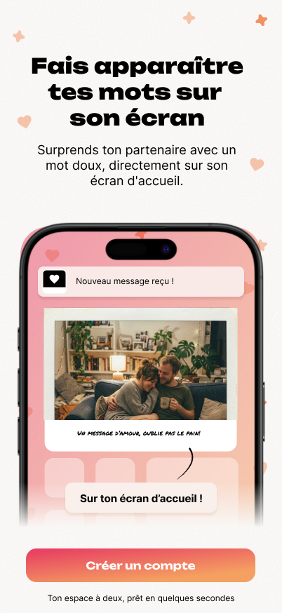 Aperçu de l'application BillyDoo affichant un mot doux avec photo sur l'écran d'accueil du téléphone