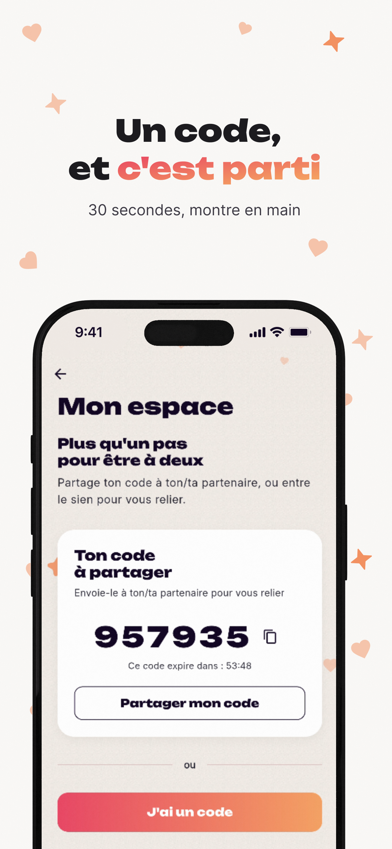 Visuel « Un code, et c'est parti — 30 secondes, montre en main » : l'écran « Mon espace » de BillyDoo avec un code à 6 chiffres à partager pour se relier à son ou sa partenaire